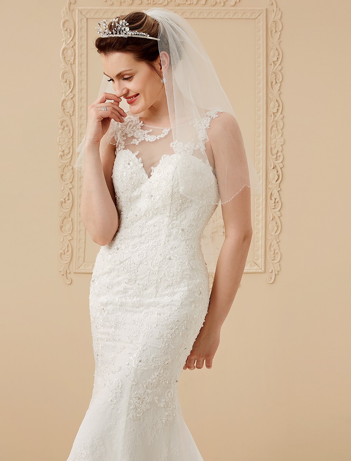 Hall Wedding Dresses Mermaid / Trumpet Scoop Neck Regular Straps Chapel Train Tulle Over Lace Bridal Gowns With Beading