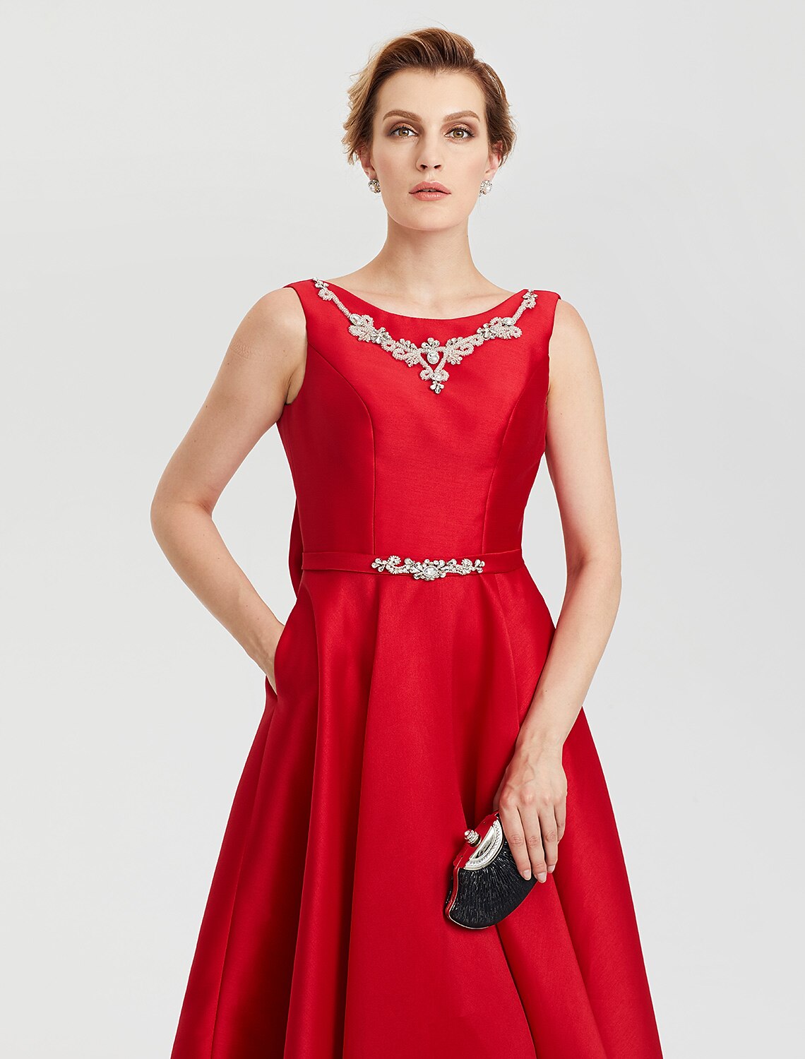 A-Line Elegant Open Back Evening Party Formal Dress Jewel Neck Sleeveless Tea Length Satin with Rhinestone Crystal Sash / Ribbon