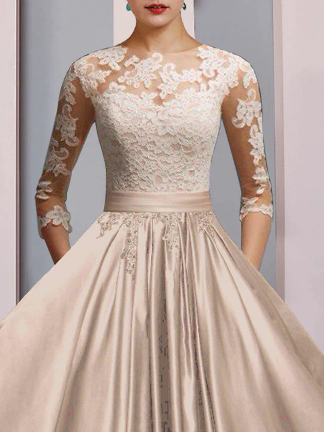 DingjiA-Line Mother of the Bride Dress Formal Wedding Guest Party Elegant Scoop Neck Ankle Length Satin Lace 3/4 Length Sleeve with Pleats Appliques