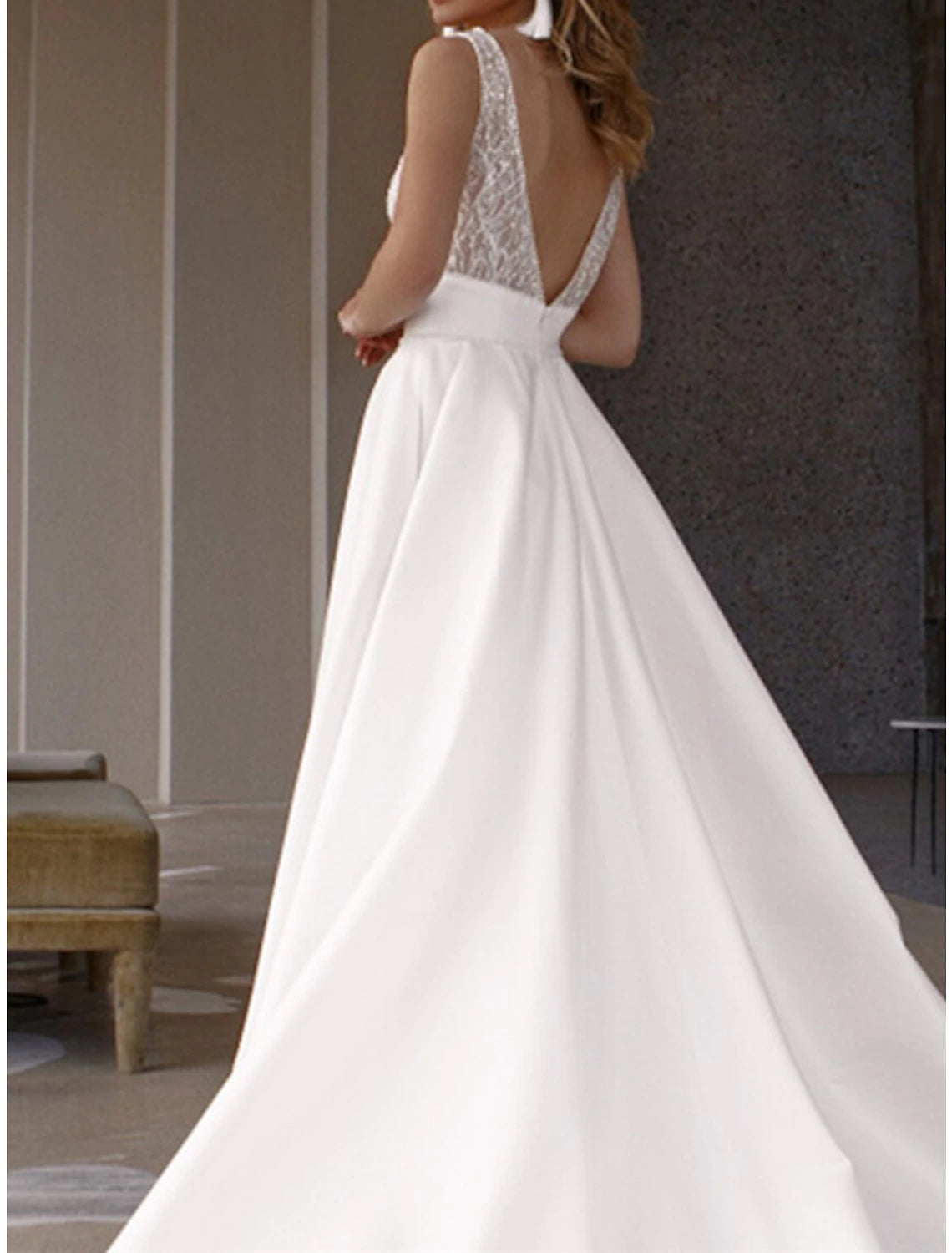 Engagement Formal Wedding Dresses A-Line V Neck Sleeveless Sweep / Brush Train Satin Bridal Gowns With Sequin
