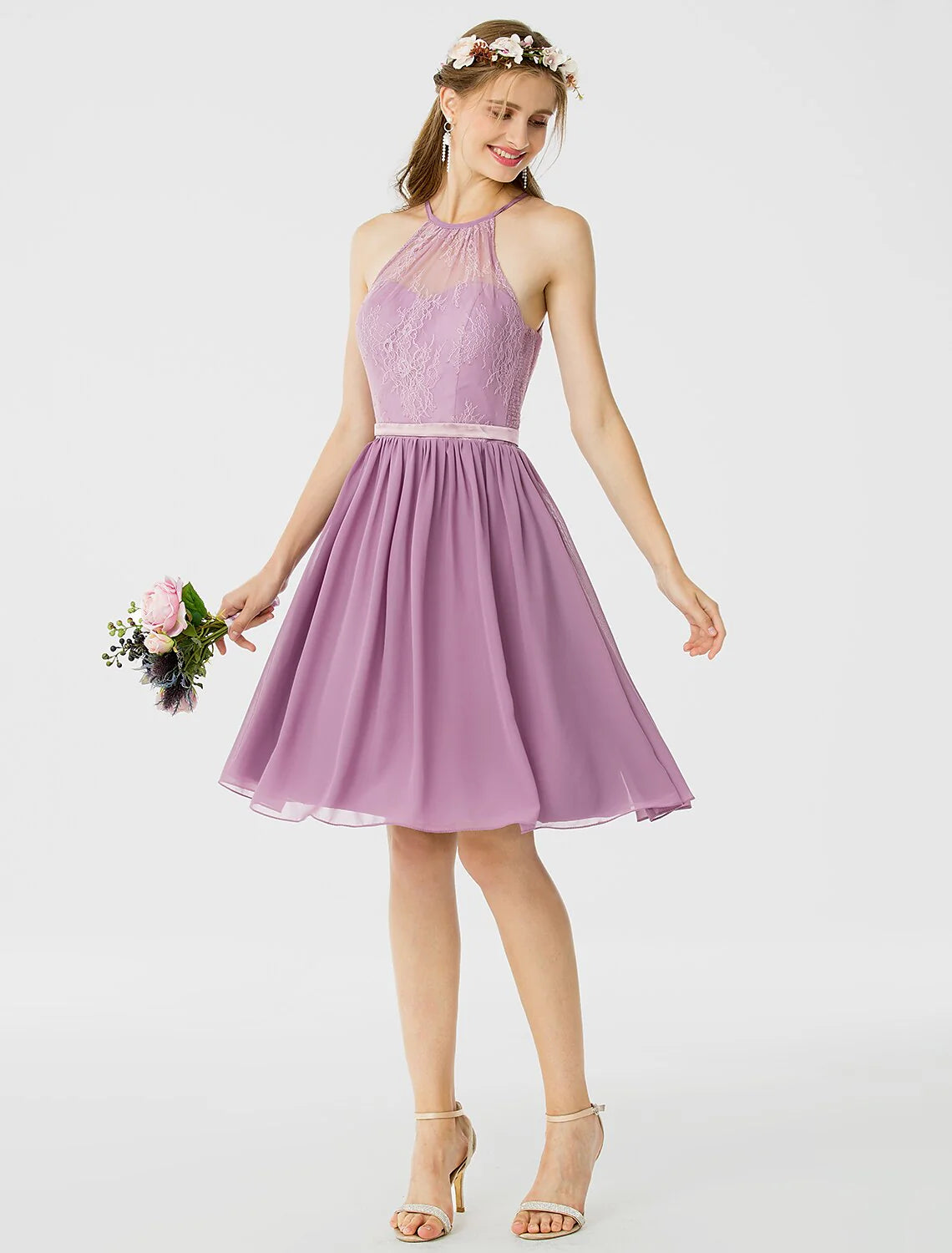 DingjiA-Line / Princess Halter Neck Knee Length Chiffon / Corded Lace Bridesmaid Dress with Sash / Ribbon / Pleats