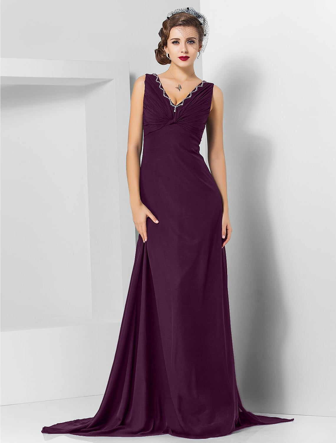 Sheath / Column Elegant Engagement Formal Evening Dress V Neck Sleeveless Sweep / Brush Train Chiffon with Crystals Draping