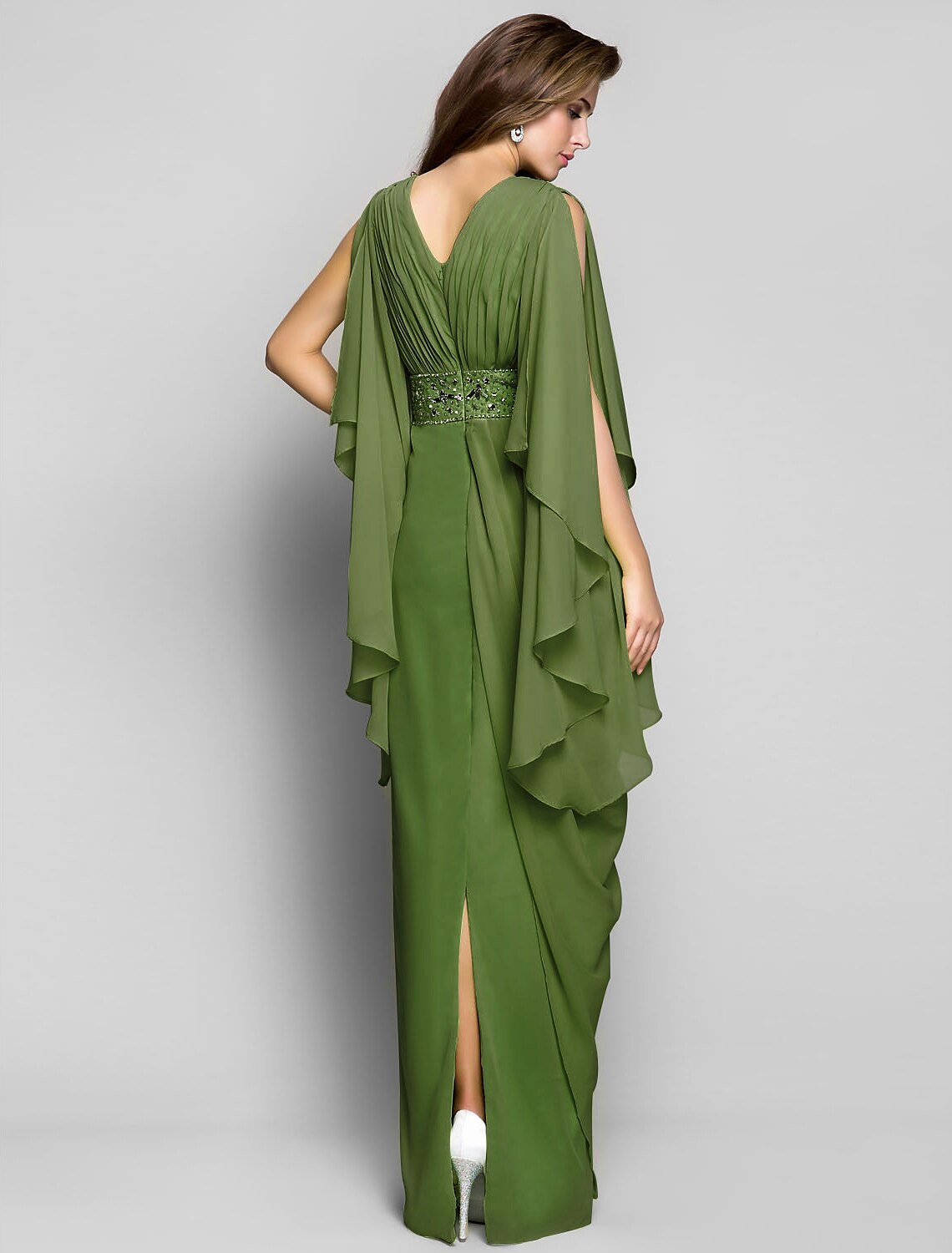 Sheath / Column Elegant Dress Wedding Guest Formal Evening Floor Length Long Sleeve V Neck Chiffon V Back with Crystals Side Draping