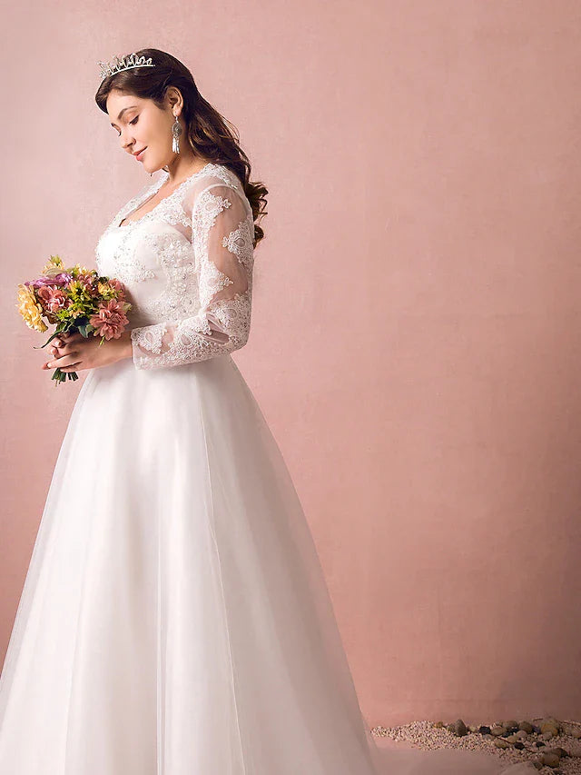 Dingji Hall Sparkle & Shine Wedding Dresses Court Train A-Line Long Sleeve Illusion Neck Satin With Buttons Ruched