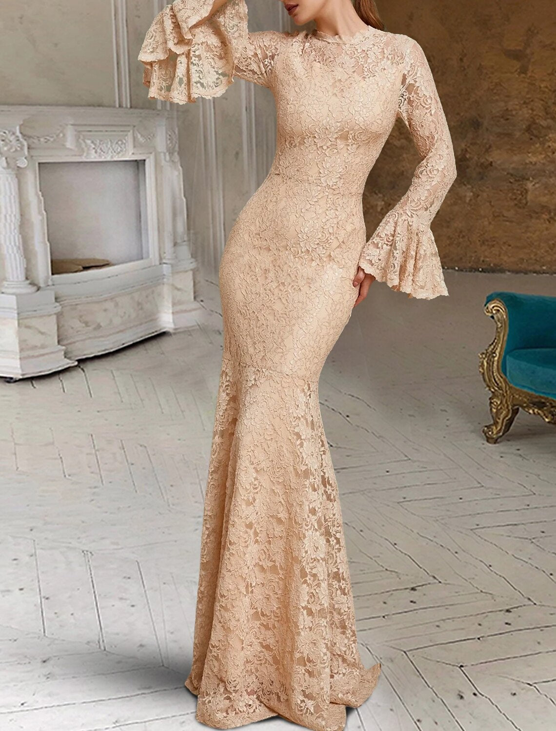 Black Wedding Dresses Party Formal Mermaid / Trumpet Scoop Neck Long Sleeve Sweep / Brush Train Lace Gothi Fall Halloween Bachelorette Bridal Gowns With Solid Color