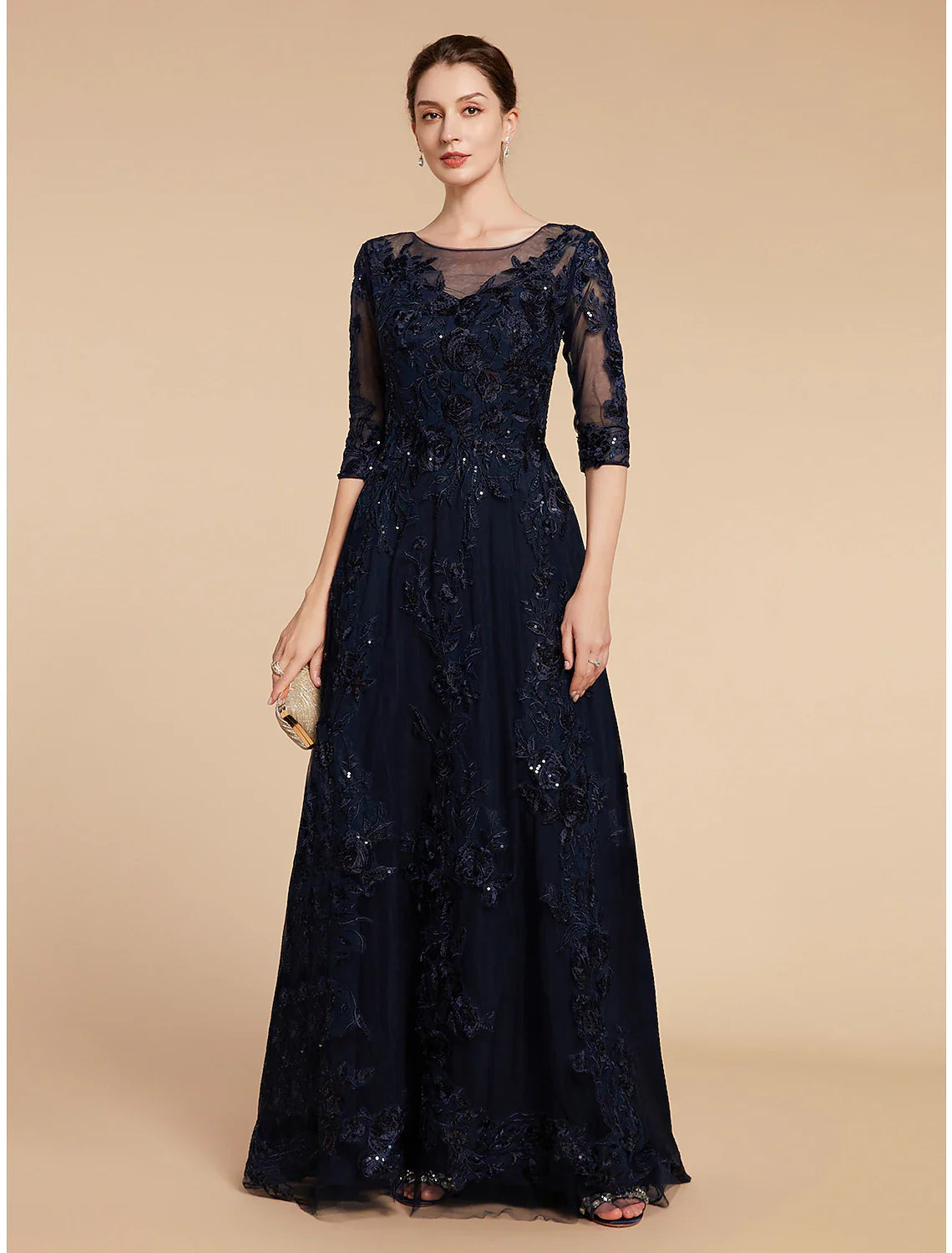 DingjiA-Line Mother of the Bride Dress Formal Wedding Guest Elegant Party Scoop Neck Floor Length Chiffon Lace 3/4 Length Sleeve with Sequin Appliques