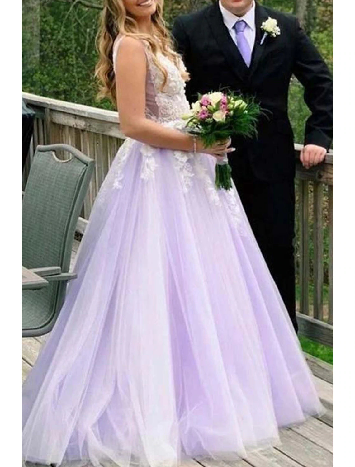 Ball Gown A-Line Prom Dresses Color Block Dress Formal Floor Length Sleeveless V Neck Tulle Backless V Back with Beading Appliques