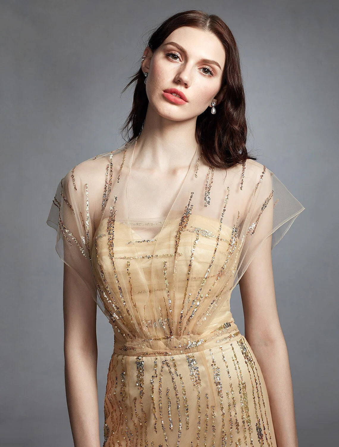 DingjiSheath / Column V Neck Sweep / Brush Train Tulle Made-To-Measure Wedding Dresses with Sequin