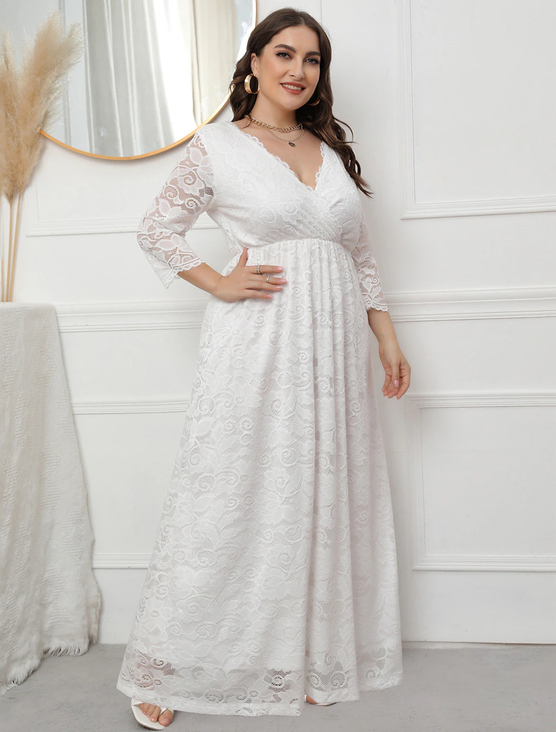 A-Line Evening Gown Vintage Dress Party Wear Formal Evening Floor Length 3/4 Length Sleeve V Neck Lace with Sleek Lace Insert