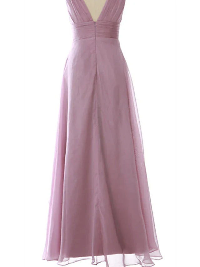 DingjiA-Line Wedding Guest Dresses Elegant Dress Party Wear Floor Length Sleeveless V Neck Chiffon with Ruched
