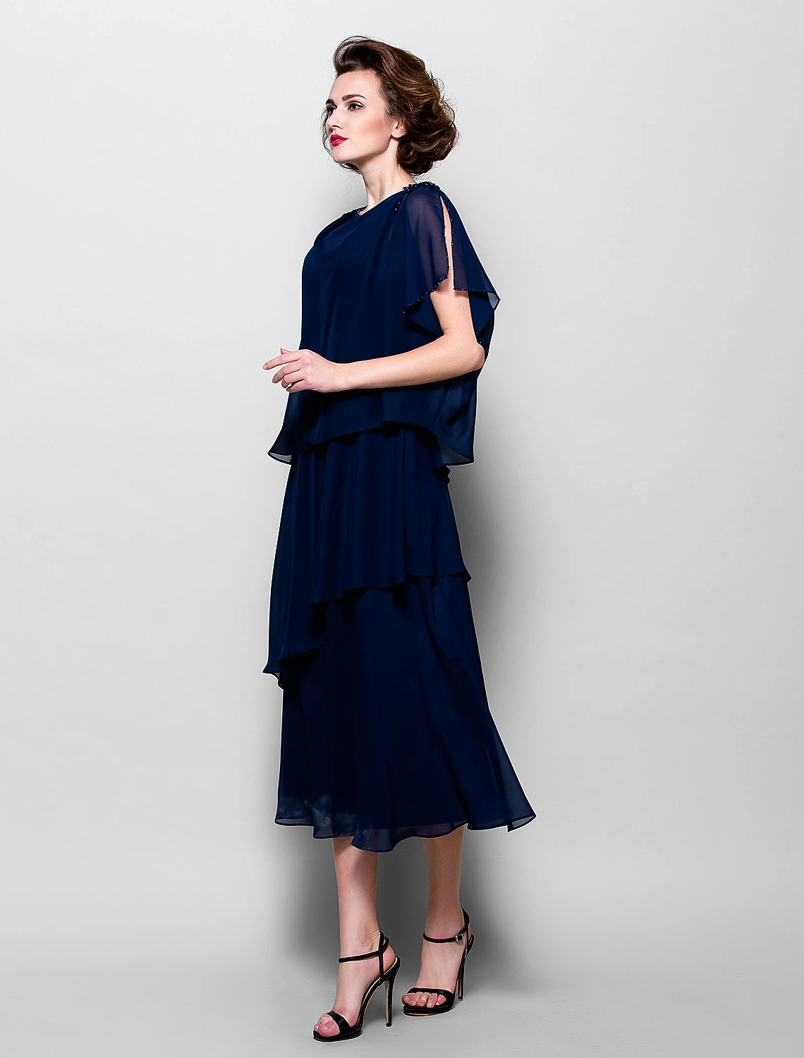 A-Line Mother of the Bride Dress Plus Size Elegant Cowl Neck Tea Length Chiffon Short Sleeve with Ruffles Crystal Brooch