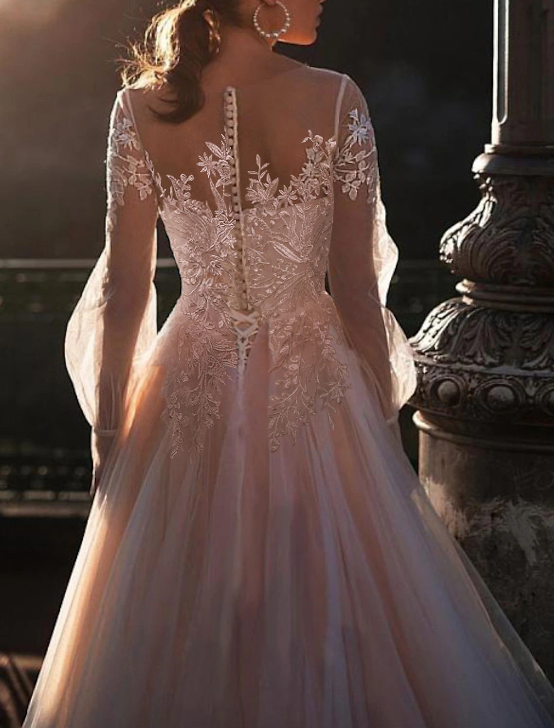 Beach Fall Wedding Dresses in Color Fall Wedding Dresses A-Line Illusion Neck Long Sleeve Sweep / Brush Train Lace Bridal Gowns With Embroidery Appliques Summer Wedding Party, Women's Clothing