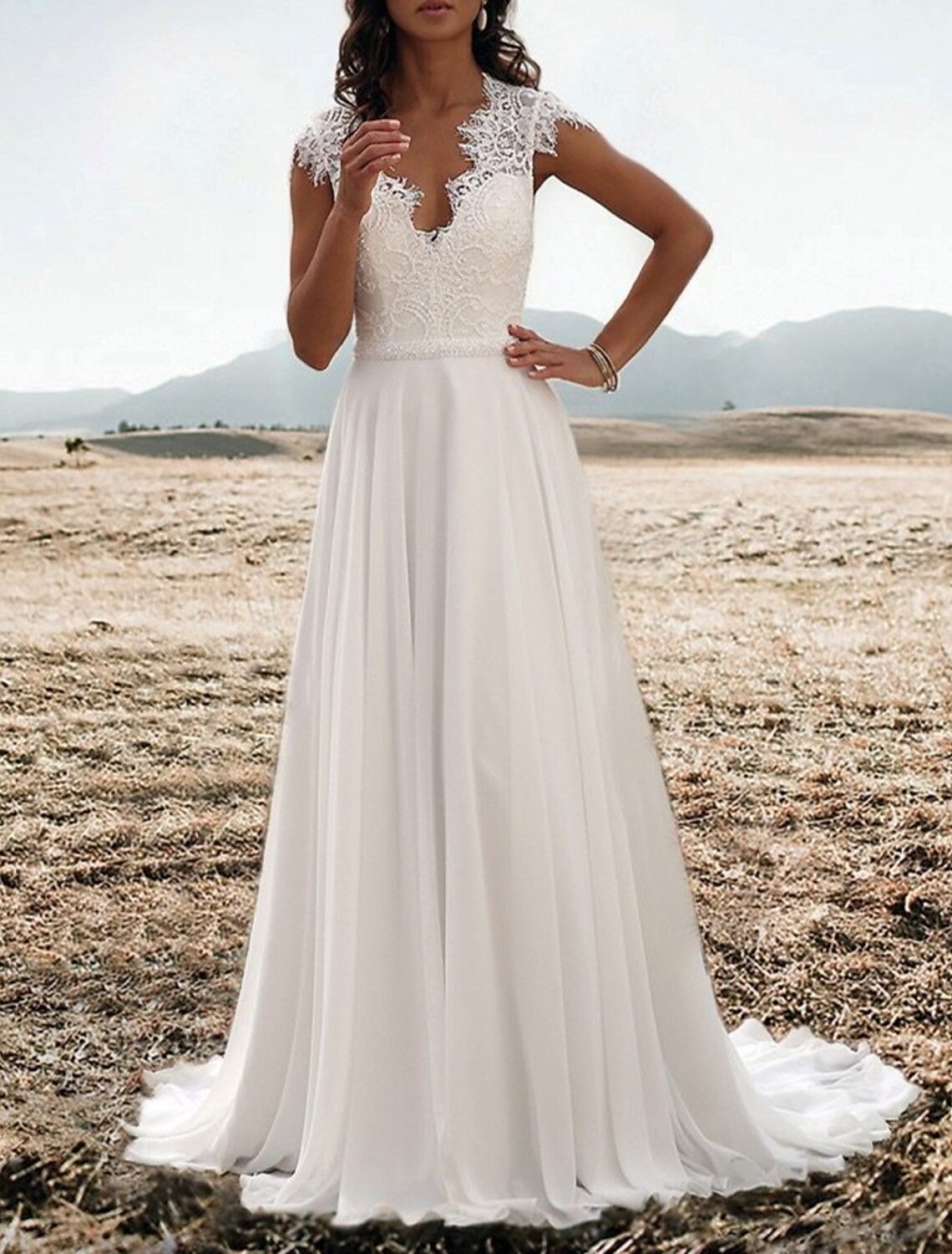Beach Open Back Mature Wedding Dresses A-Line V Neck Cap Sleeve Court Train Chiffon Bridal Gowns With Appliques Solid Color