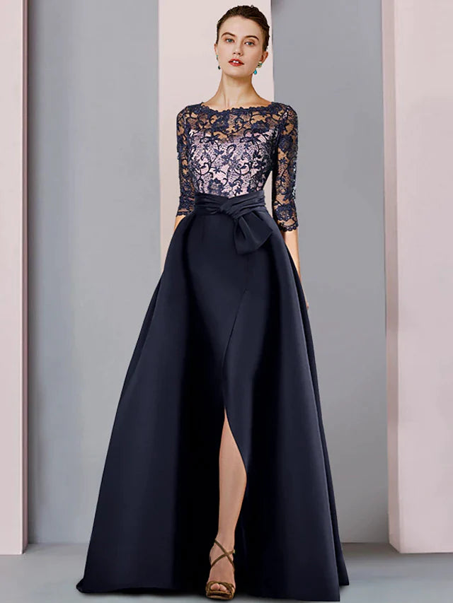 DingjiSheath / Column Mother of the Bride Dress Formal Party Elegant Scoop Neck Sweep / Brush Train Satin Lace Half Sleeve with Bow(s) Split Front