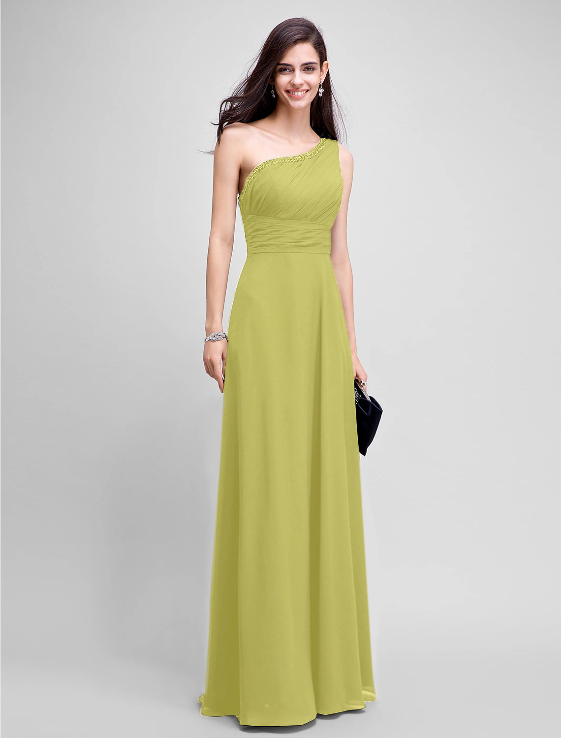 Sheath / Column Empire Dress Wedding Guest Formal Evening Floor Length Sleeveless One Shoulder Bridesmaid Dress Chiffon with Ruched Beading