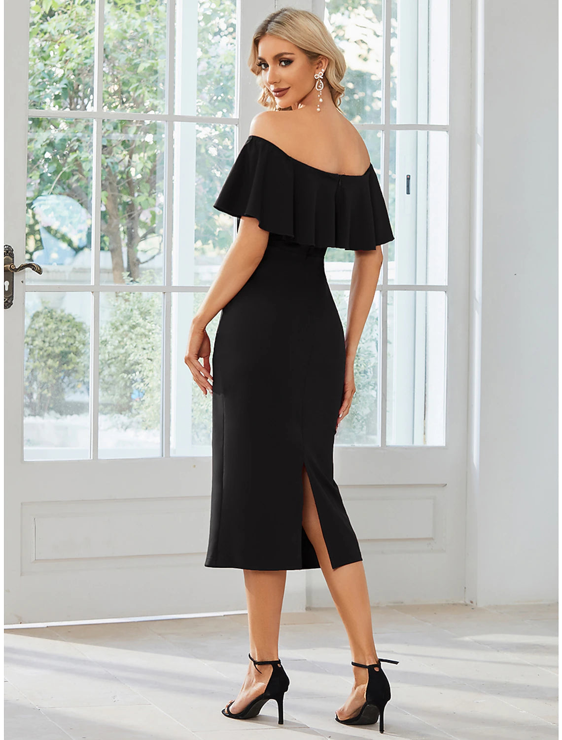 Sheath / Column Wedding Guest Dresses Minimalist Dress Party Wear Tea Length Short Sleeve Off Shoulder Stretch Fabric with Slit Pure Color