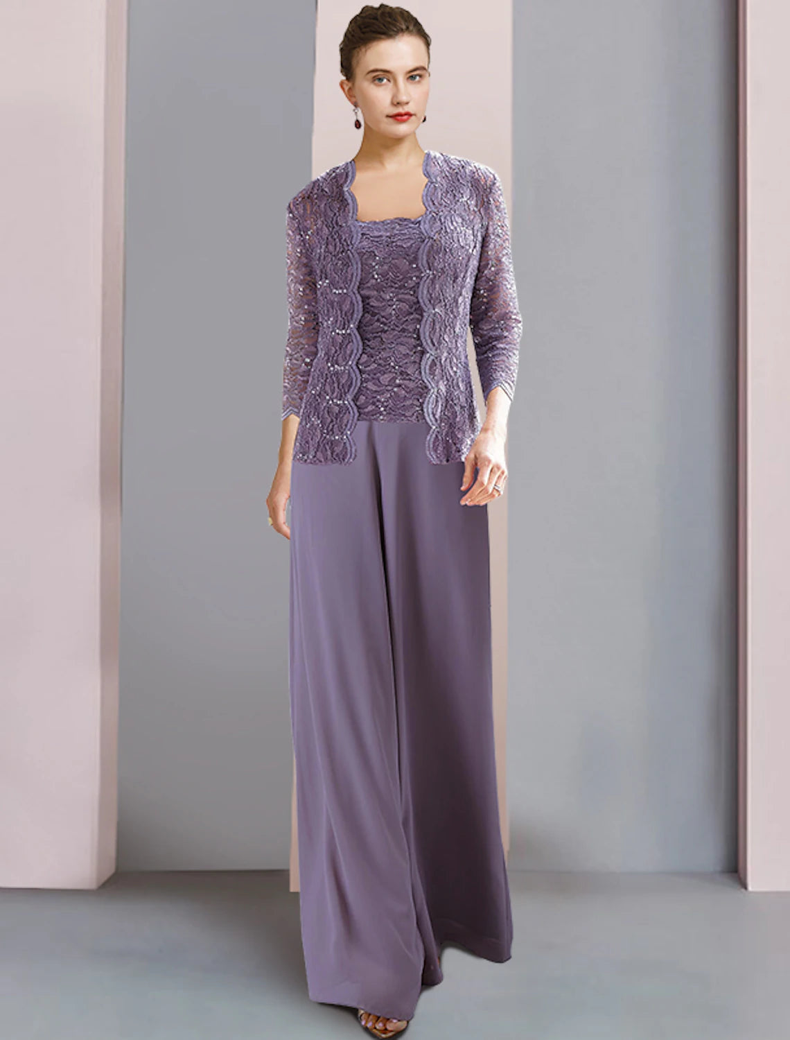 Jumpsuit / Pantsuit 3 Piece Mother of the Bride Dress Formal Elegant Square Neck Floor Length Chiffon Lace Sleeveless Wrap Included with Sequin