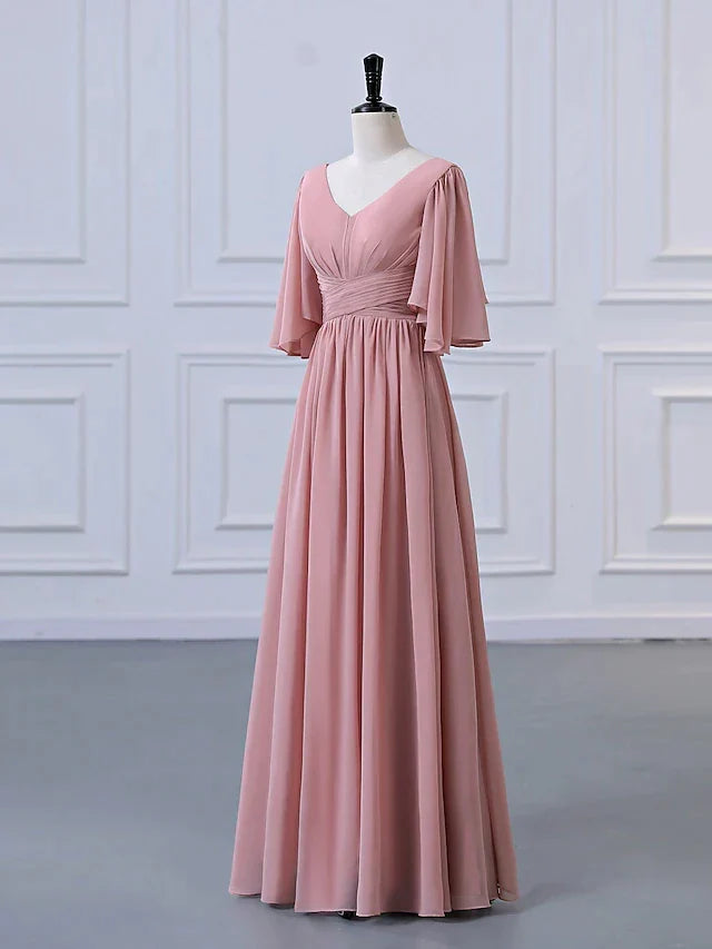 DingjiA-Line Bridesmaid Dress V Neck Half Sleeve Elegant Floor Length Chiffon with Pleats / Ruffles
