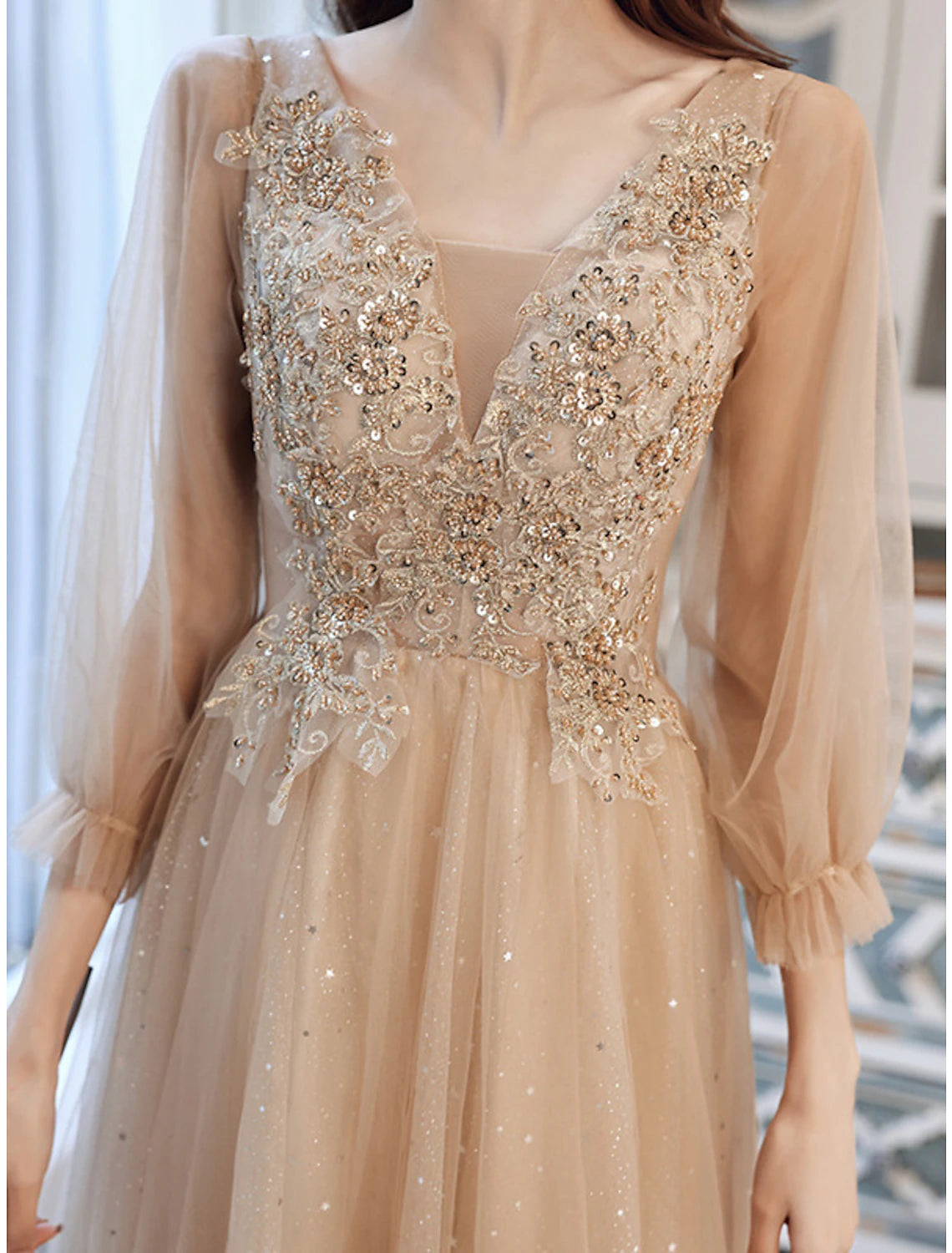 A-Line Sparkle Elegant Prom Formal Evening Birthday Dress V Neck 3/4 Length Sleeve Tea Length Tulle with Sequin Appliques