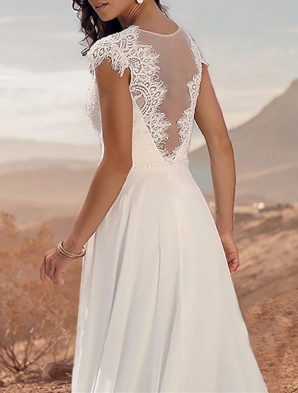 Beach Open Back Mature Wedding Dresses A-Line V Neck Cap Sleeve Court Train Chiffon Bridal Gowns With Appliques Solid Color