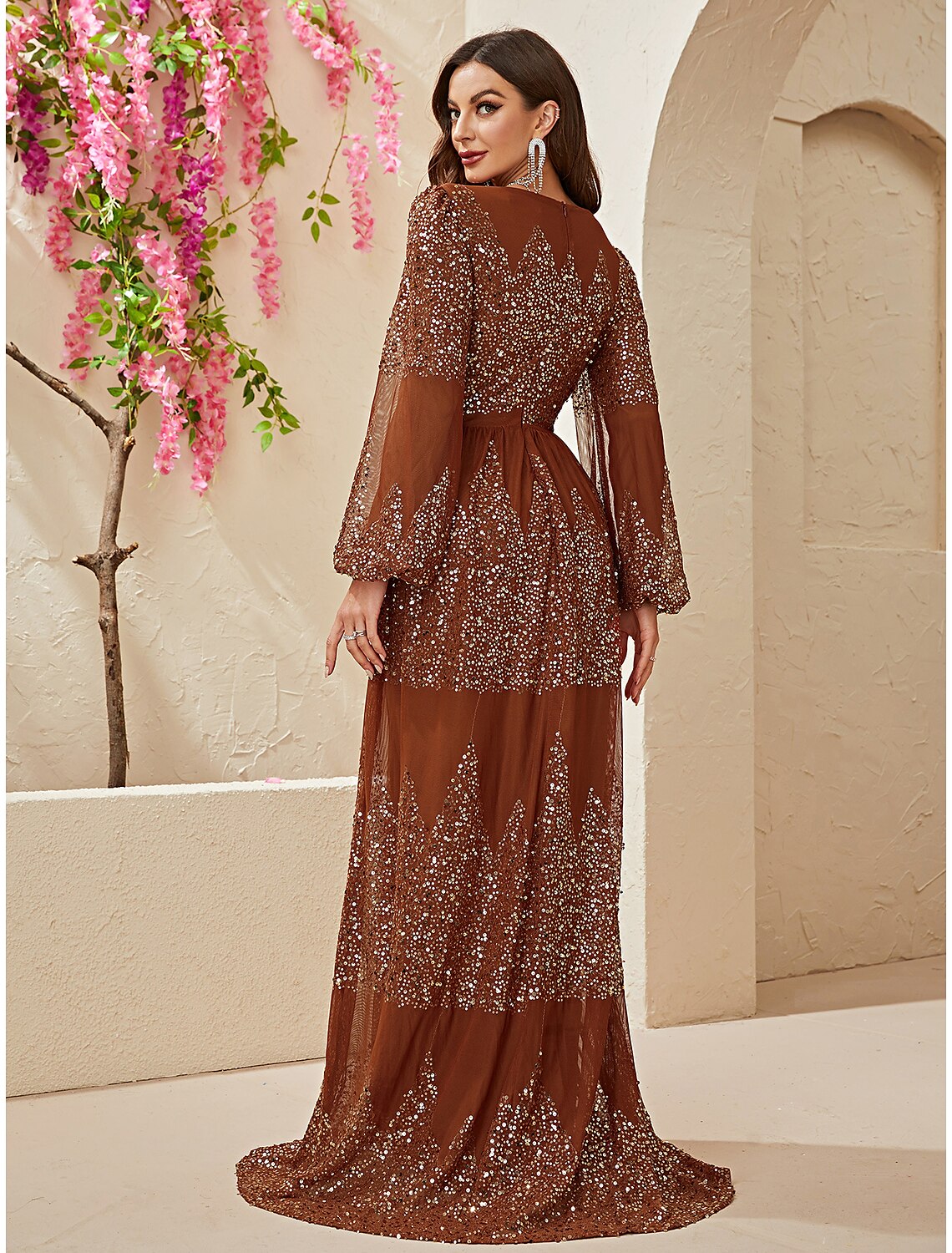 A-Line Wedding Guest Dresses Sparkle & Shine Dress Formal Sweep / Brush Train Long Sleeve V Neck Polyester with Rhinestone Slit