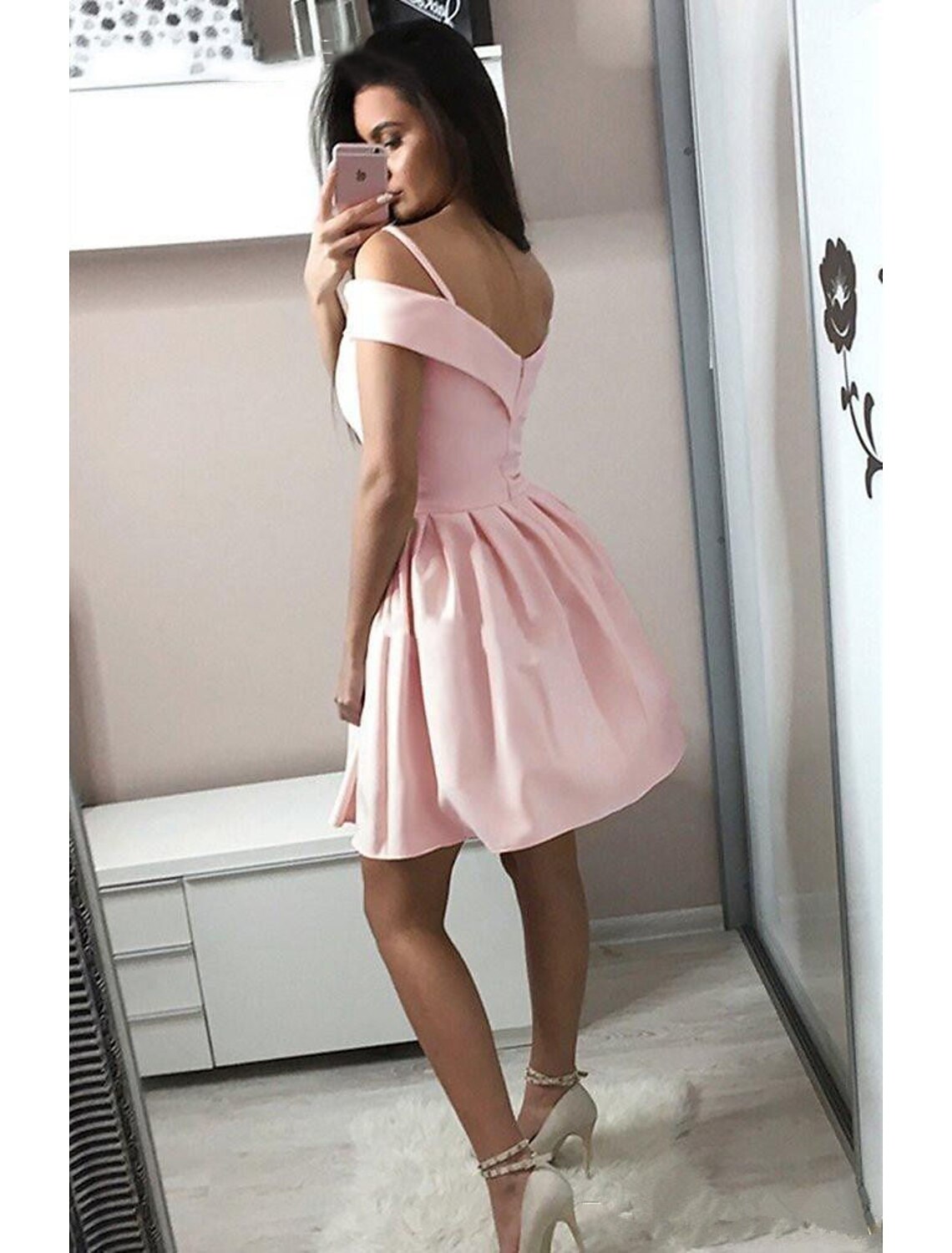 A-Line Cocktail Dresses Minimalist Dress Homecoming Knee Length Sleeveless V Neck Pink Dress Stretch Fabric with Pleats