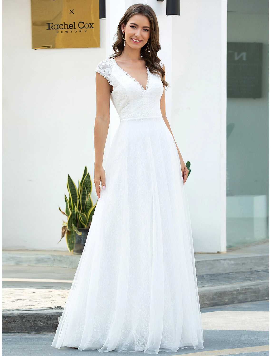Beach Wedding Dresses A-Line V Neck Cap Sleeve Floor Length Lace Bridal Gowns With Lace Summer Wedding Party