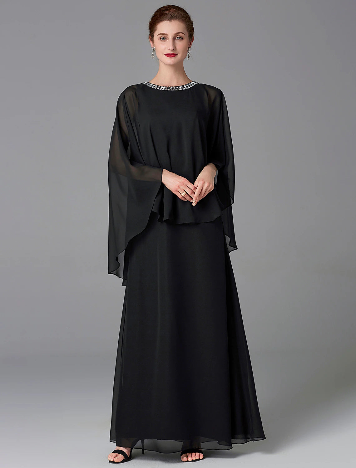 A-Line Mother of the Bride Dress Wedding Guest Plus Size Elegant Jewel Neck Floor Length Chiffon Sleeveless with Beading 2023