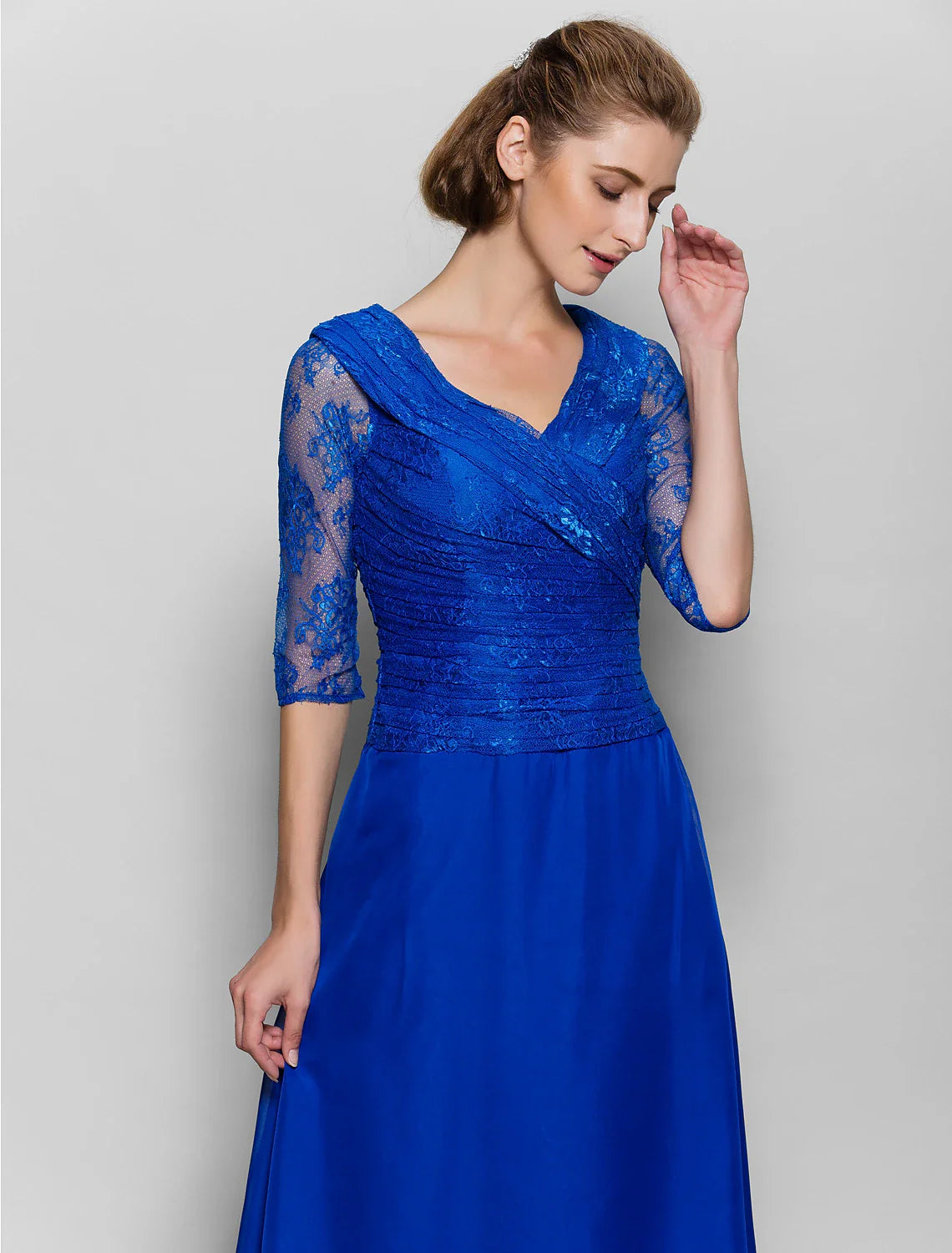 DingjiA-Line Mother of the Bride Dress Plus Size Elegant V Neck Tea Length Chiffon Lace Half Sleeve No with Lace Criss Cross Ruched