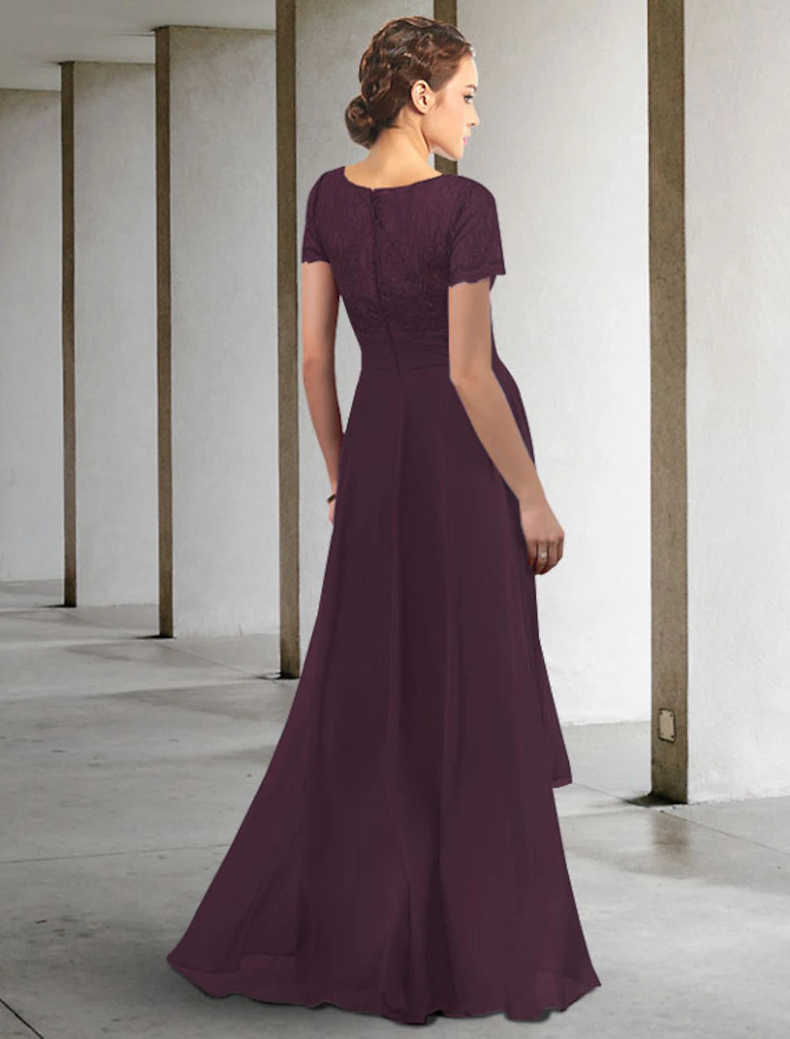 A-Line Mother of the Bride Dress Elegant High Low V Neck Asymmetrical Floor Length Chiffon Short Sleeve with Pleats Ruched