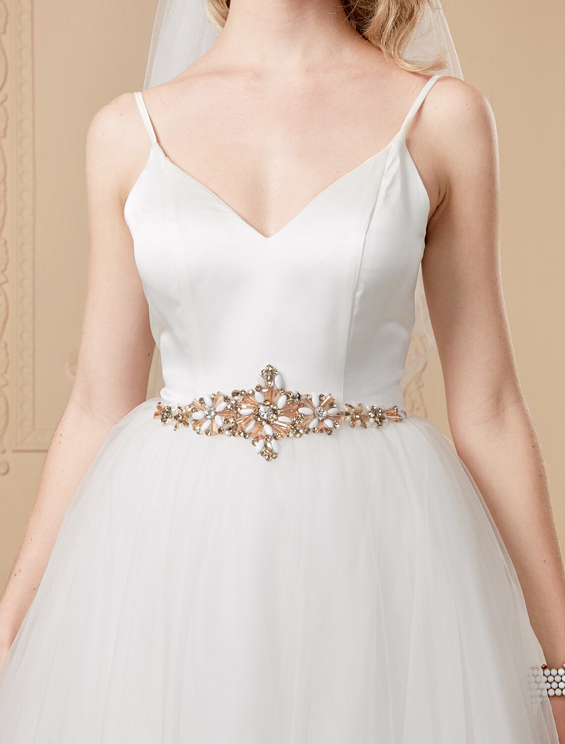 Ball Gown V Neck Court Train Satin / Tulle Made-To-Measure Wedding Dresses with Beading / Crystals by / Open Back