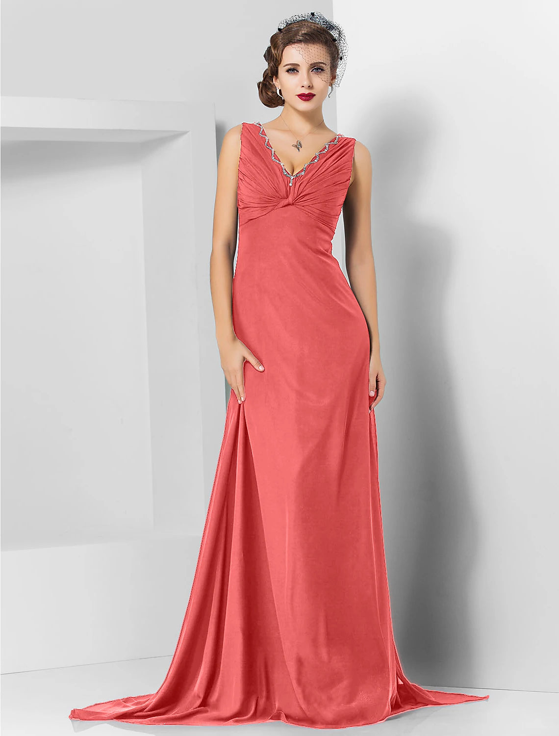Sheath / Column Elegant Engagement Formal Evening Dress V Neck Sleeveless Sweep / Brush Train Chiffon with Crystals Draping