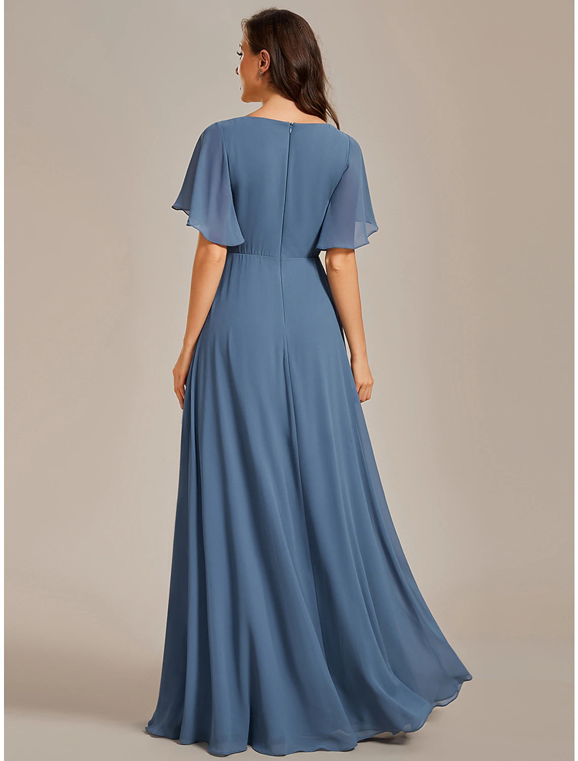 A-Line Wedding Guest Dresses Elegant Dress Formal Sweep / Brush Train Short Sleeve V Neck Chiffon with Ruched Appliques