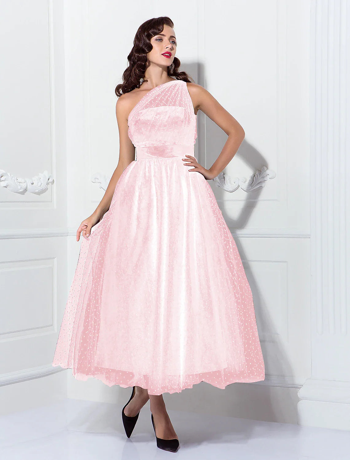 DingjiA-Line Cocktail Dresses Vintage Dress Wedding Guest Cocktail Party Ankle Length Sleeveless One Shoulder Wednesday Addams Family Tulle with Pleats Pattern / Print