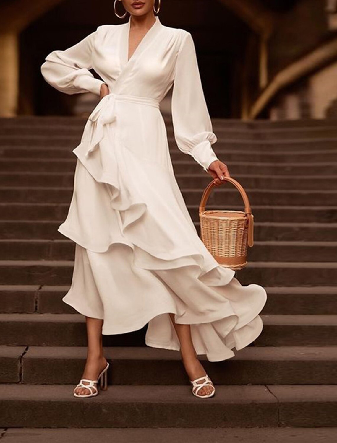 Reception Wedding Dresses Little White Dresses A-Line V Neck Long Sleeve Asymmetrical Chiffon Bridal Gowns With Cascading Ruffles Solid Color Summer Fall Wedding Party , Women's Clothing