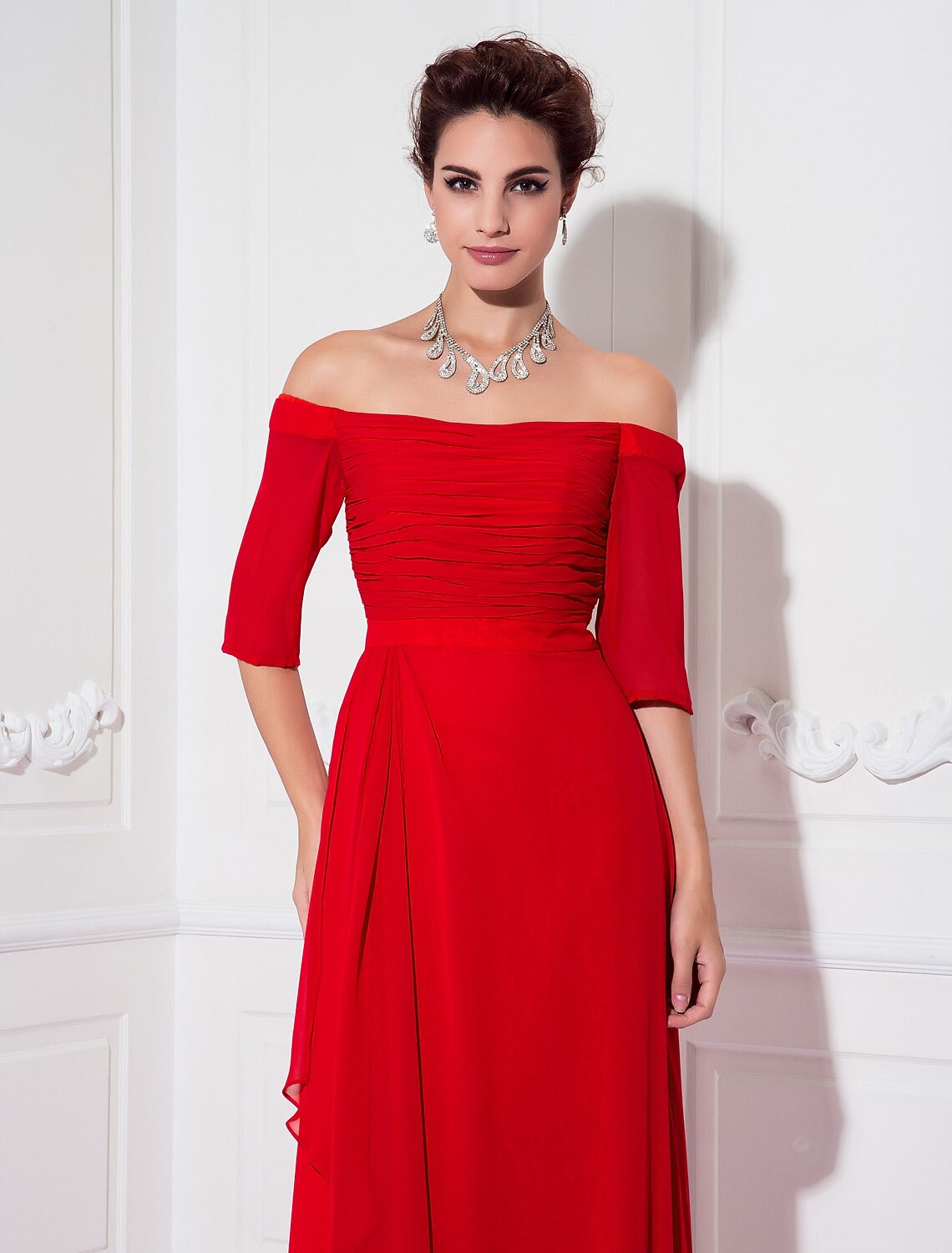 Sheath / Column Minimalist Dress Wedding Guest Sweep / Brush Train Half Sleeve Off Shoulder Chiffon with Ruched Draping