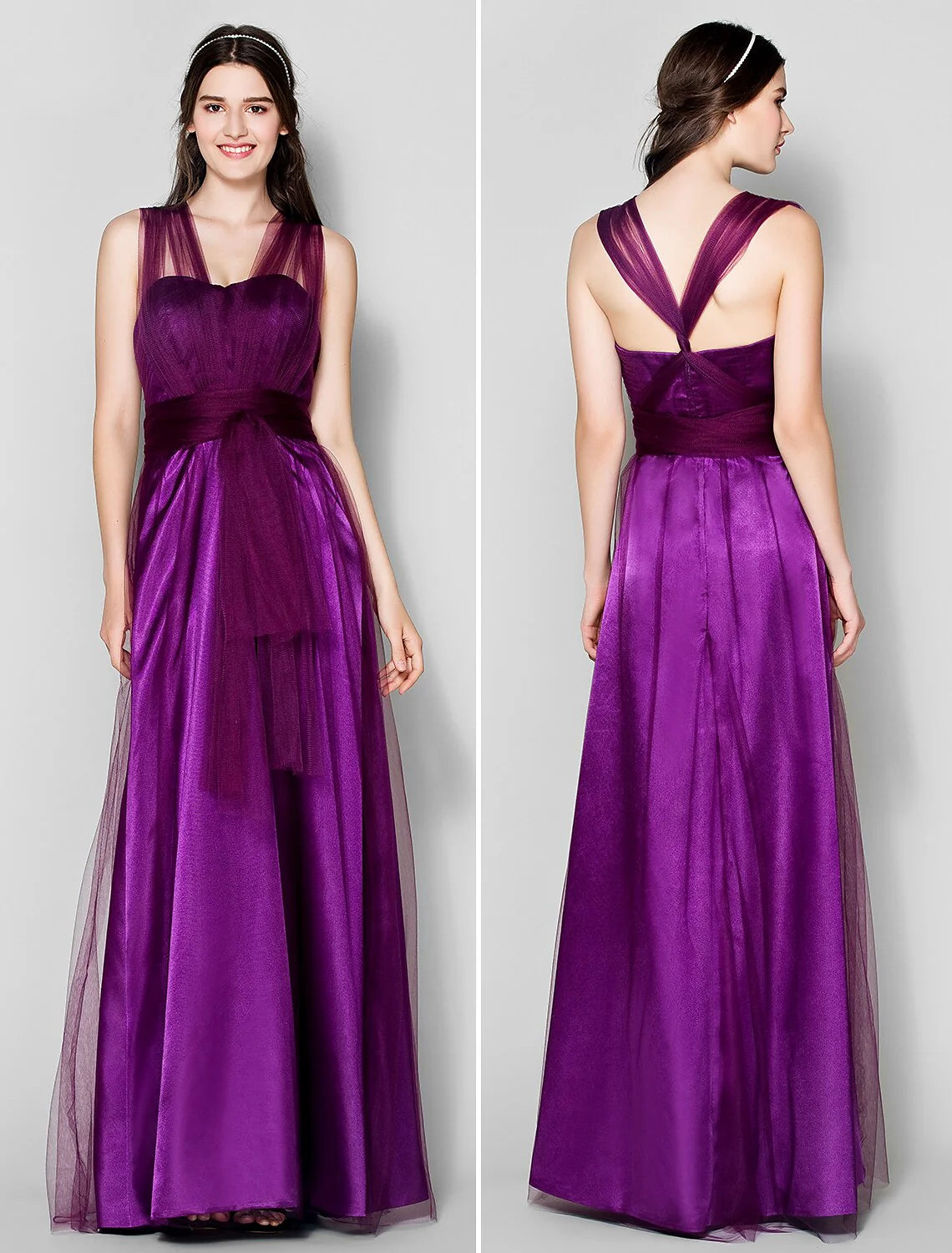 DingjiA-Line Bridesmaid Dress Straps Sleeveless Convertible Dress Floor Length Tulle with Ruched / Side Draping