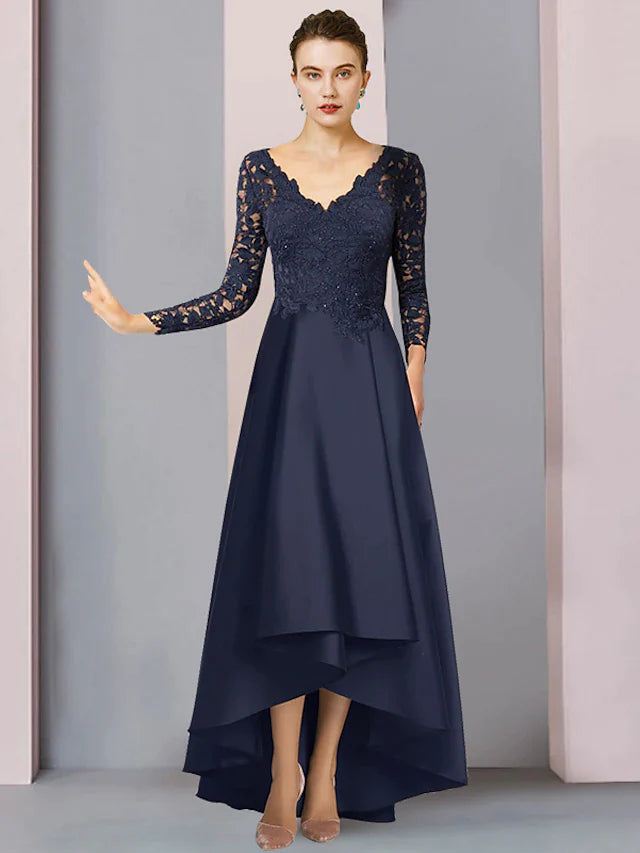 DingjiA-Line Mother of the Bride Dress Formal Wedding Guest Elegant High Low V Neck Asymmetrical Tea Length Satin Lace Long Sleeve with Pleats Appliques