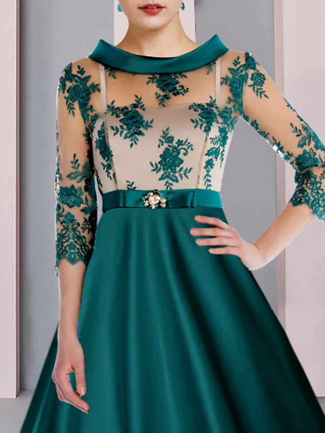 A-Line Mother of the Bride Dress Formal Wedding Guest Party Elegant Scoop Neck Tea Length Satin Lace 3/4 Length Sleeve with Appliques Crystal Brooch
