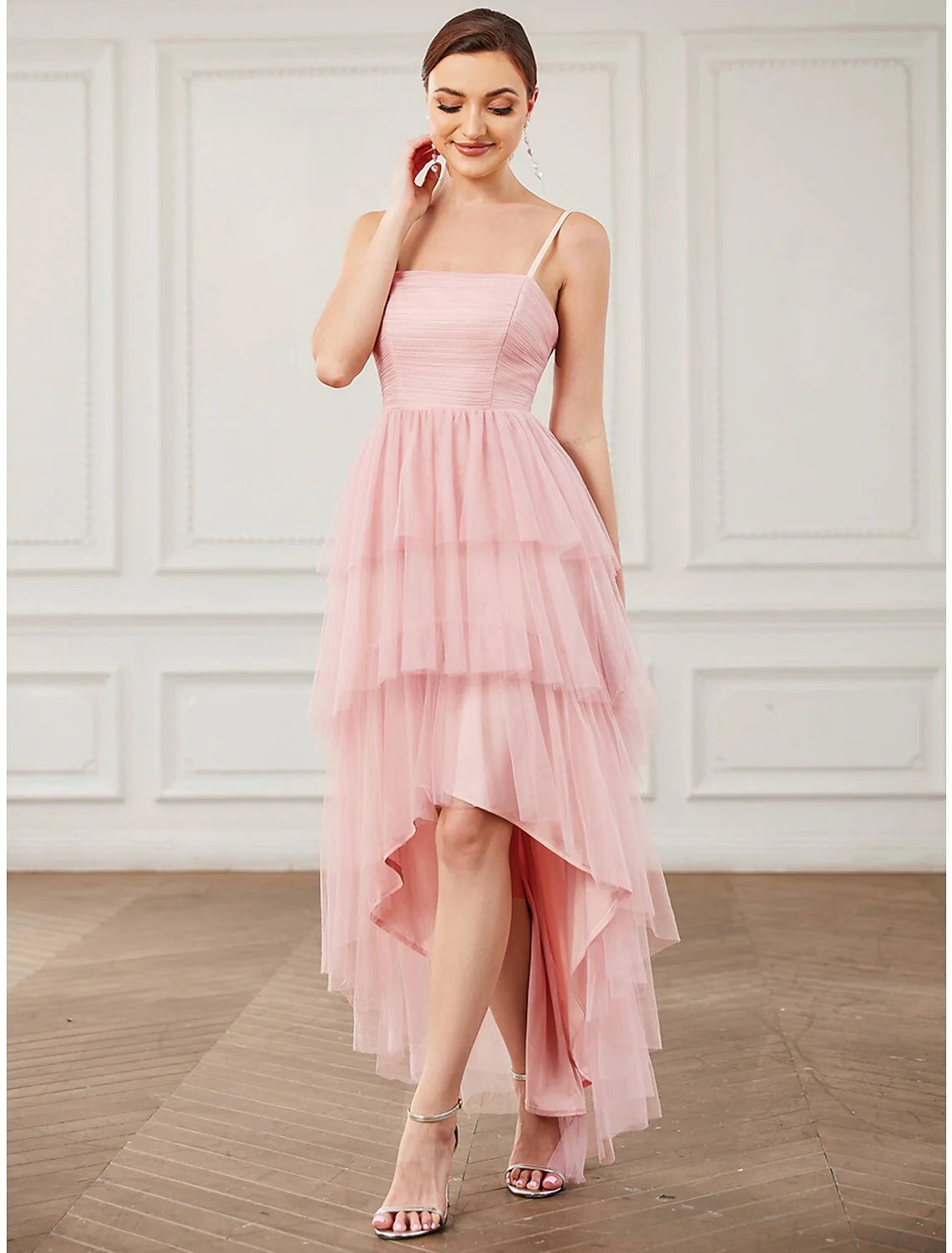 DingjiA-Line Party Dresses Vintage Dress Prom Knee Length Sleeveless Spaghetti Strap Tulle with Ruched