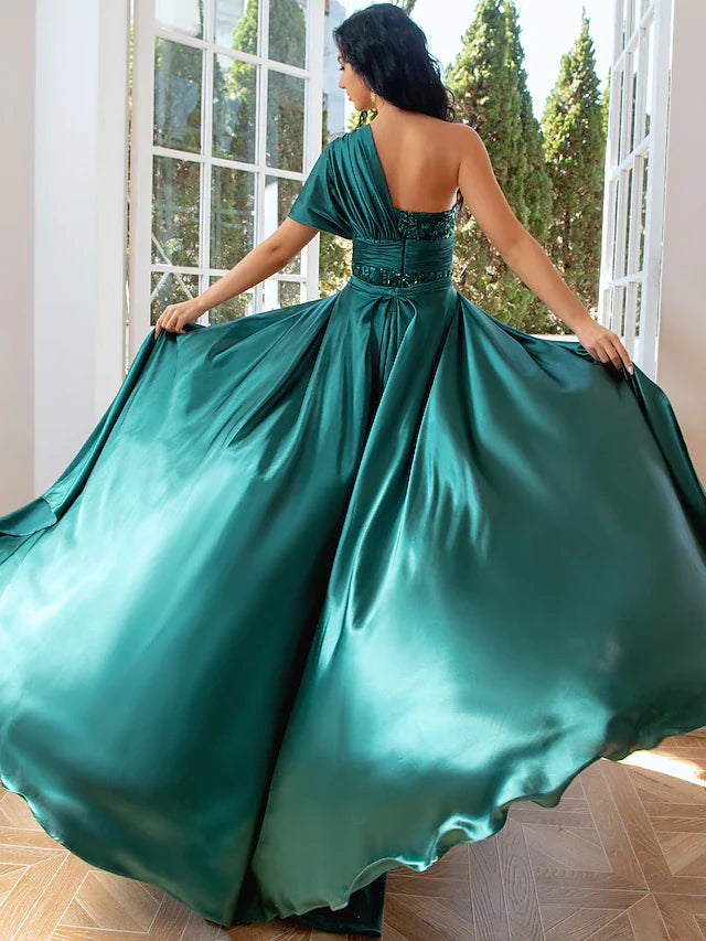 Mermaid / Trumpet Evening Gown Luxurious Dress Wedding Party Sweep / Brush Train Short Sleeve One Shoulder Detachable Tulle with Sequin