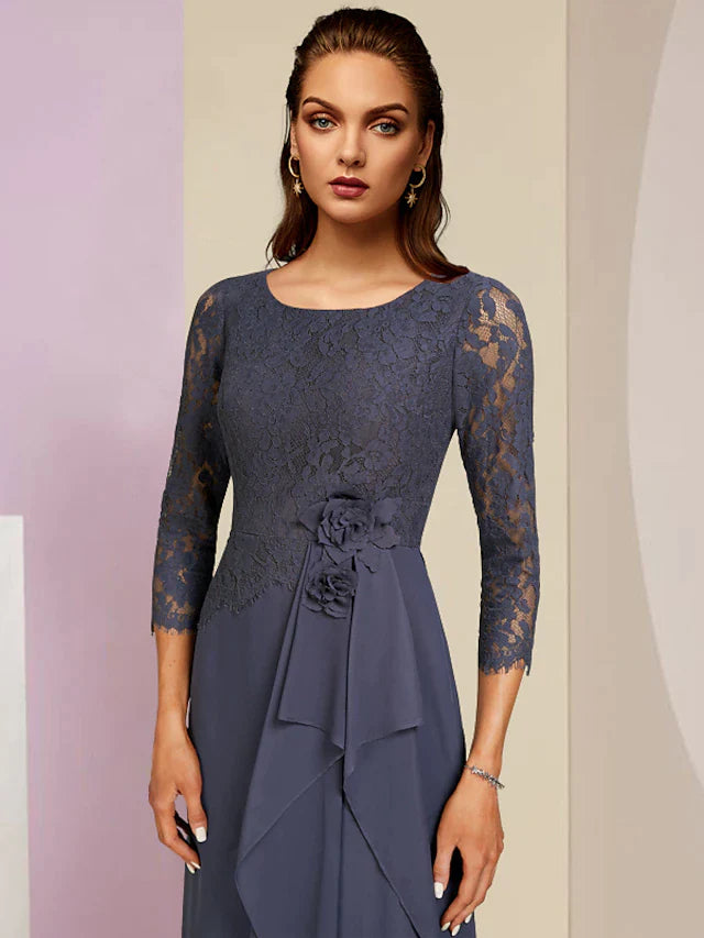 DingjiSheath / Column Mother of the Bride Dress Wedding Guest Party Elegant Scoop Neck Floor Length Chiffon Lace 3/4 Length Sleeve with Ruffles Appliques
