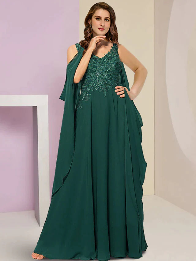 Plus Size Curve Mother of the Bride Dress Wedding Guest Vintage Party V Neck Floor Length Chiffon Lace Sleeveless with Pleats Sequin