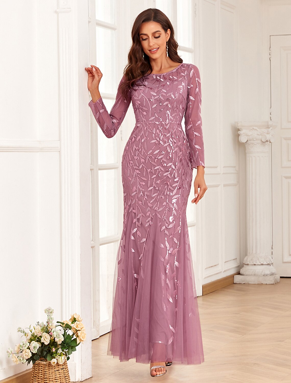 Mermaid / Trumpet Evening Gown Elegant Dress Wedding Guest Prom Floor Length Long Sleeve Jewel Neck Tulle with Embroidery