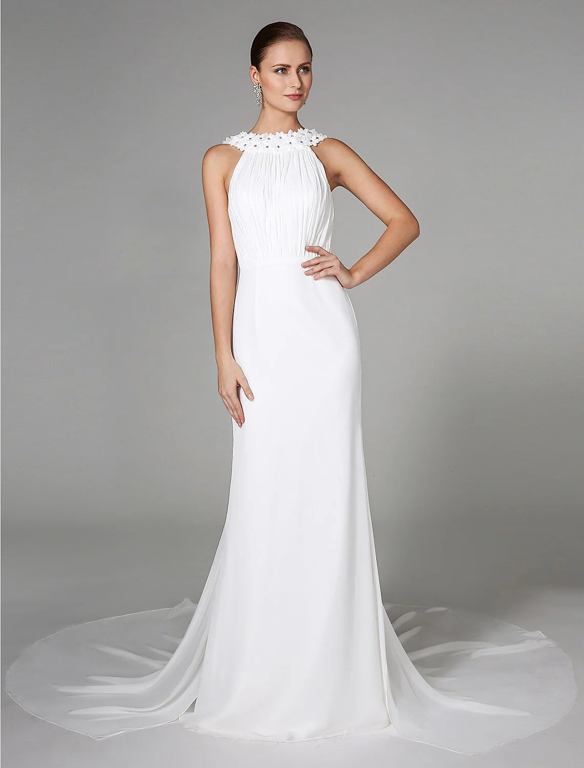DingjiWedding Dresses Sheath / Column High Neck Sleeveless Chapel Train Chiffon Bridal Gowns With Beading Draping