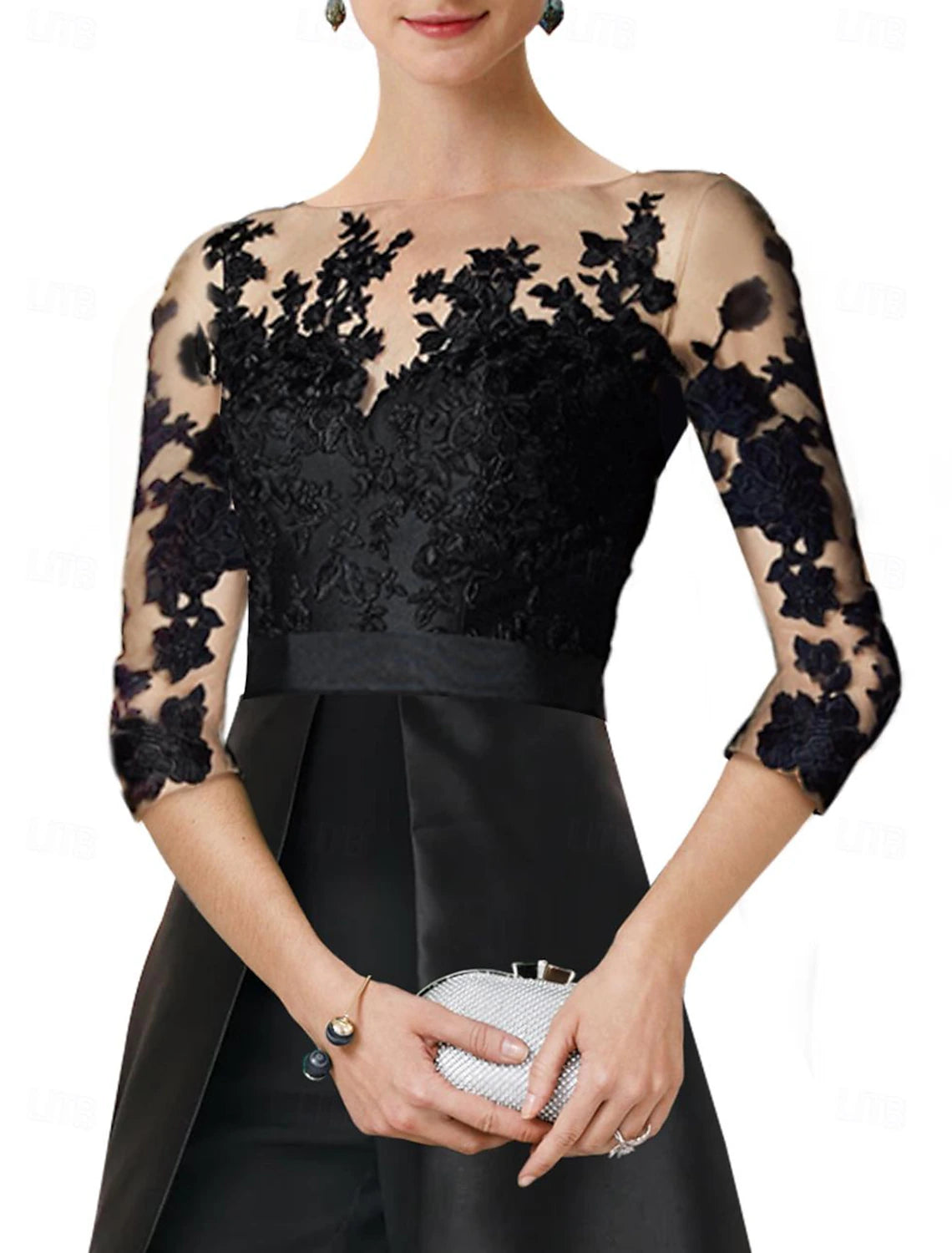 Jumpsuits Mother of the Bride Dress Wedding Guest Elegant Party Jewel Neck Floor Length Satin 3/4 Length Sleeve with Appliques Solid Color