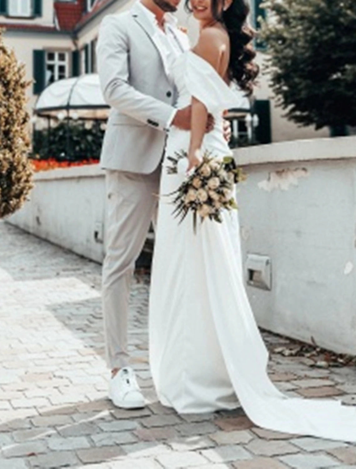 Hall Casual Wedding Dresses Sheath / Column Off Shoulder Cap Sleeve Court Train Satin Bridal Gowns With Ruched Split Front Summer Fall Wedding Party , Women's Clothing