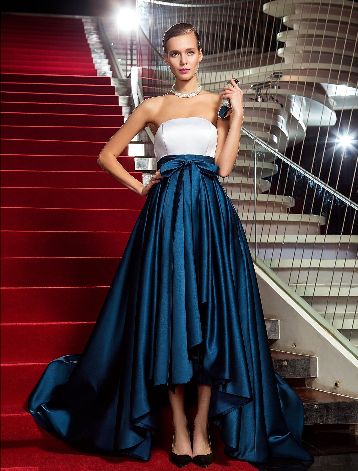 A-Line Chic & Modern Color Block Minimalist Formal Evening Black Tie Gala Dress Strapless Backless Sleeveless Asymmetrical Satin with Bow(s) Pleats / High Low