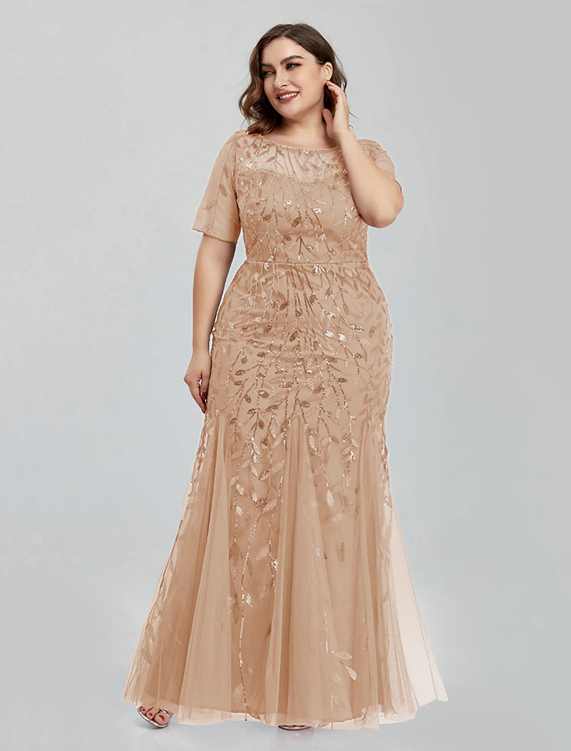 Mermaid / Trumpet Evening Gown Empire Dress Wedding Guest Formal Evening Floor Length Short Sleeve Jewel Neck Bridesmaid Dress Tulle with Embroidery