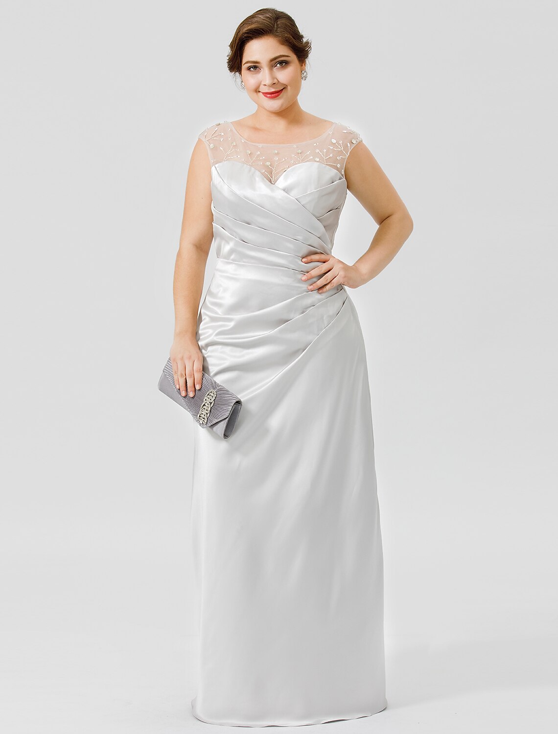 Sheath / Column Mother of the Bride Dress Classic & Timeless Elegant & Luxurious Plus Size Jewel Neck Floor Length Satin Sleeveless No with Pleats Crystals